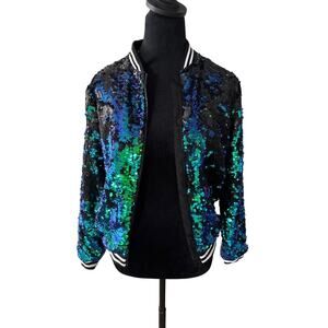 Kids XL Sequin Bomber Jacket Green Blue Iridescent Festival Y2K